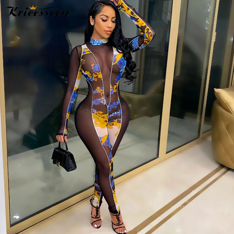 

Kricesseen Sexy Print Mesh Elasticity Skinny Long Pant Jumpsuit Women Long Sleeve See Through One Pieces Romper Party Clubwear
