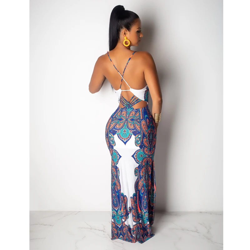 

Women's African Clothing National Style New Printing Sexy Sleeveless Cut Out Backless Bodycon Sling Dress Fashion V-Neck Dresses