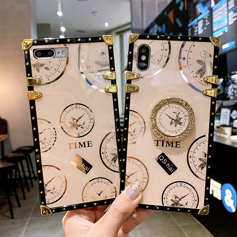 

Luxury Glossy Time Pattern Square Phone Case For For Samsung Galaxy S30Ultra S8 S10 Note 8 9 10 Plus Glitter Ring Bracket Cover