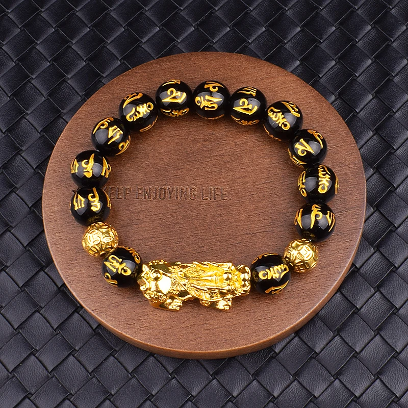 

Feng Shui Obsidian Stone Beads Bracelet Men Women Unisex Wristband Gold Black Pixiu Wealth and Good Luck Women Bracelet