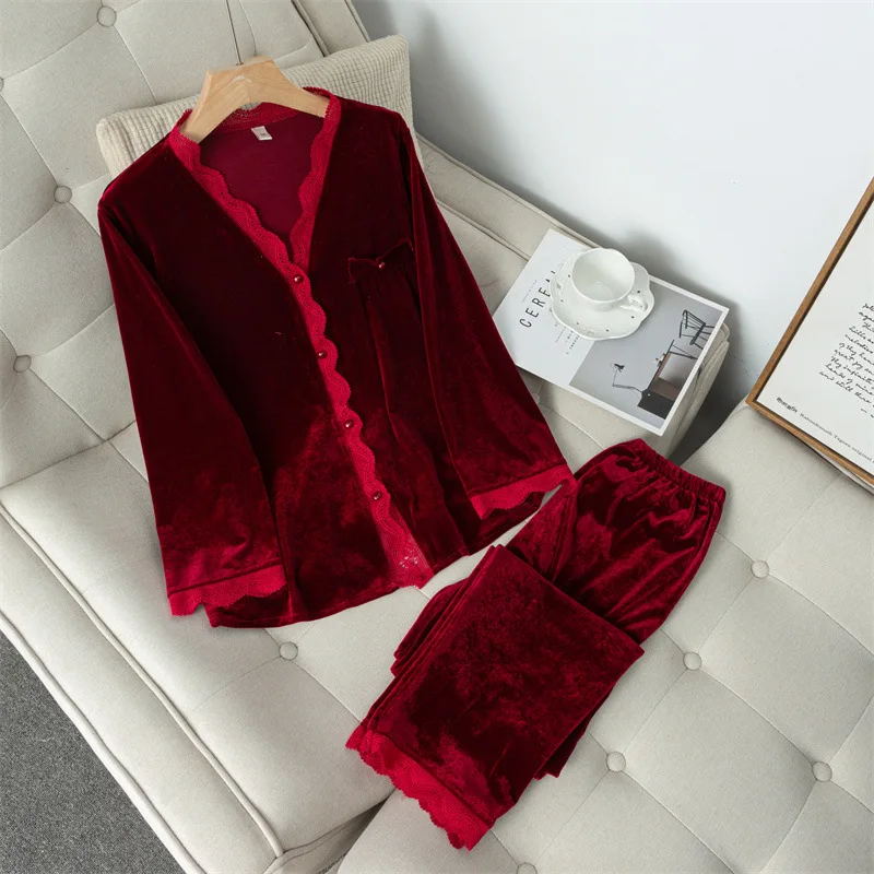 

Lace Trim Pjamas Set Velour Solid 2PCS Sleepwear Women V-neck Shirt&Pants Elastic Waist Loungewear Velvet Pijamas Suit Homewear