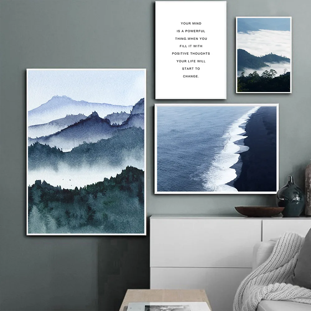 

Landscape Poster Mountain Foggy Forest Art Picture Blue Beach Canvas Painting Nature Scenery Wall Prints Living Room Home Decor