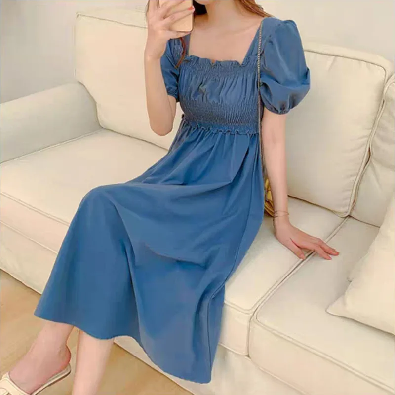 

Женское винтажное платье во французском стиле, однотонное приталенное платье с квадратным вырезом, высокой талией, пышными короткими рукав...