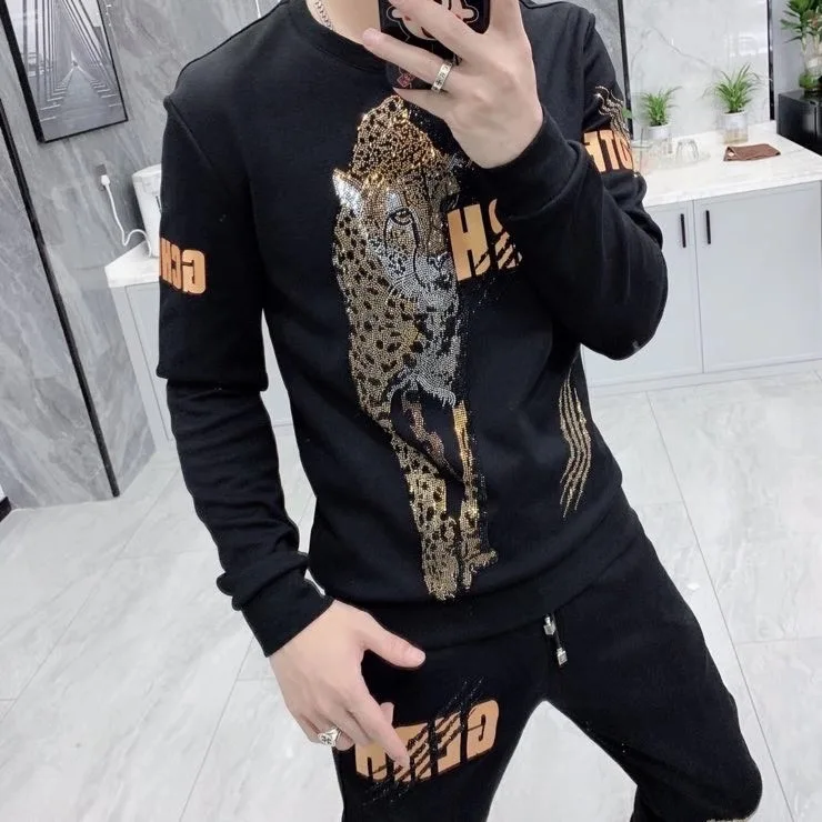 

100%real luxury mens black rhinestone leopard vivid fahsion long sleeve T shirt with pants/leisure tracksuit/Asia size
