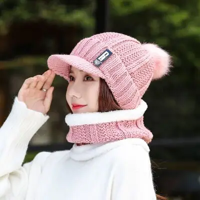 Зимние шапки для женщин Skullies Beanie, зимняя шапка для девочек, шерстяной шарф, шапка, набор s, Балаклава, маска, шапка, вязаная шапка - Цвет: pink