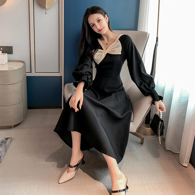 Французское платье в стиле ретро Новинка осени зимы 2019 приталенное черное с