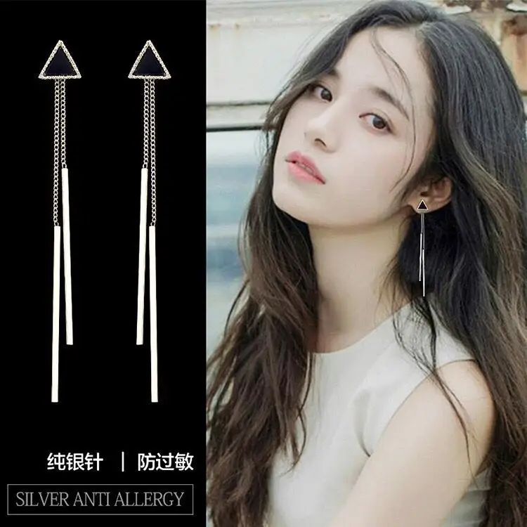 Корейские геометрические треугольные длинные висячие серьги с кисточками для