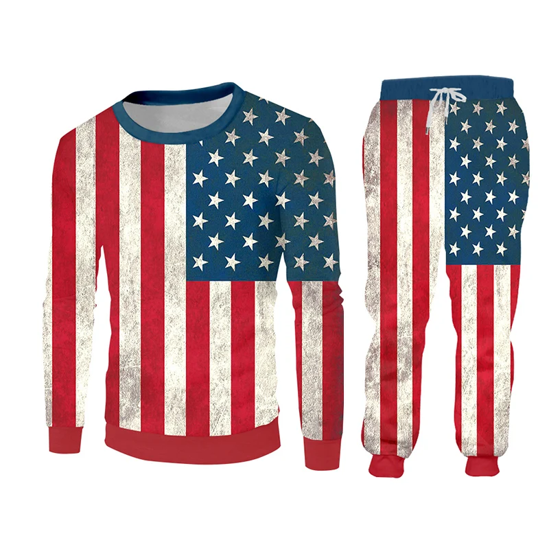 UJWI 2019 Novelty Harajuku 3d American Flag Suit Stars Stripes Print Pants And ZIP hoodie 2 Piece Set Men/women Jogger | Мужская одежда
