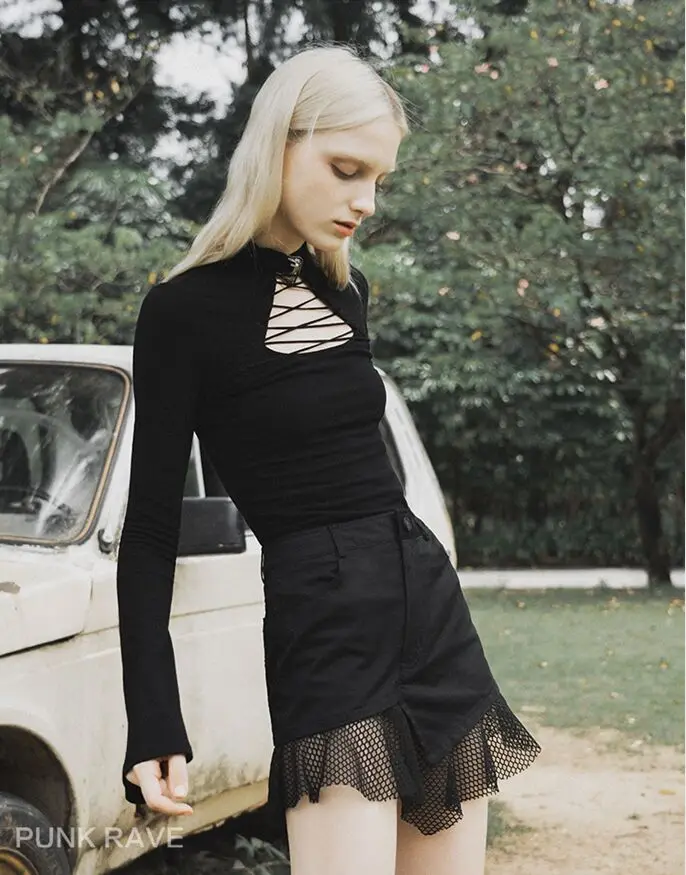 Панк рейв Женская готика Высокая шея шнуровка с расклешенными рукавами футболки