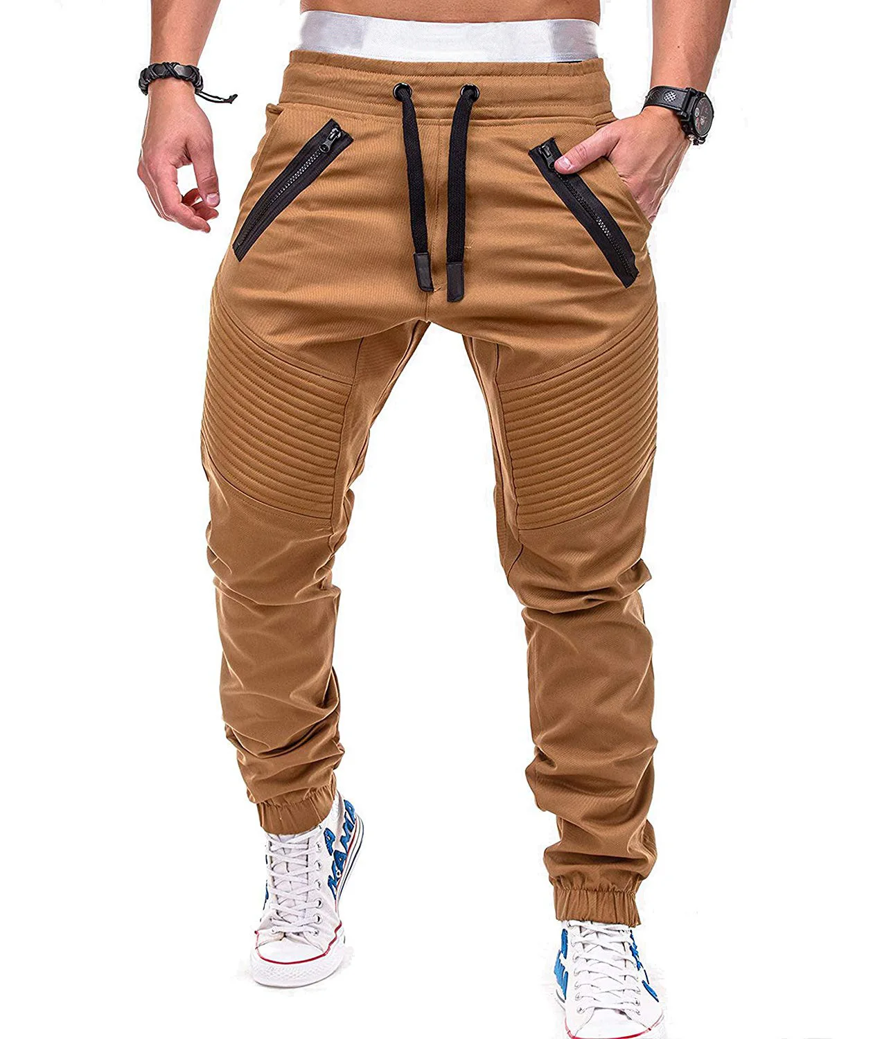 

Men's casual pants fitness woven pants zipper sports pants striped Leggings