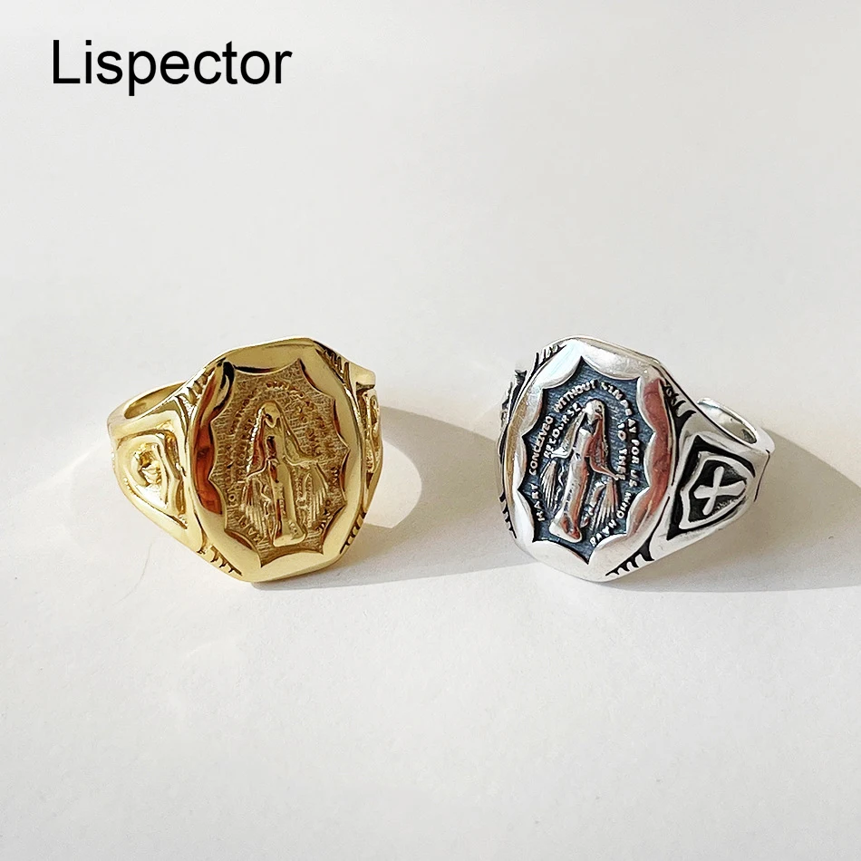 

Lispector 925 Sterling Sliver Vintage Carved Saint Virgin Mary Rings for Women Christian Retro Coin Cross Ring Religious Jewelry