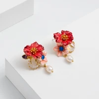 jaeeyin 2021 new arrivals enamel stud earring white freshwater pearl glass charm pink red flower gifts for girl women teen lady