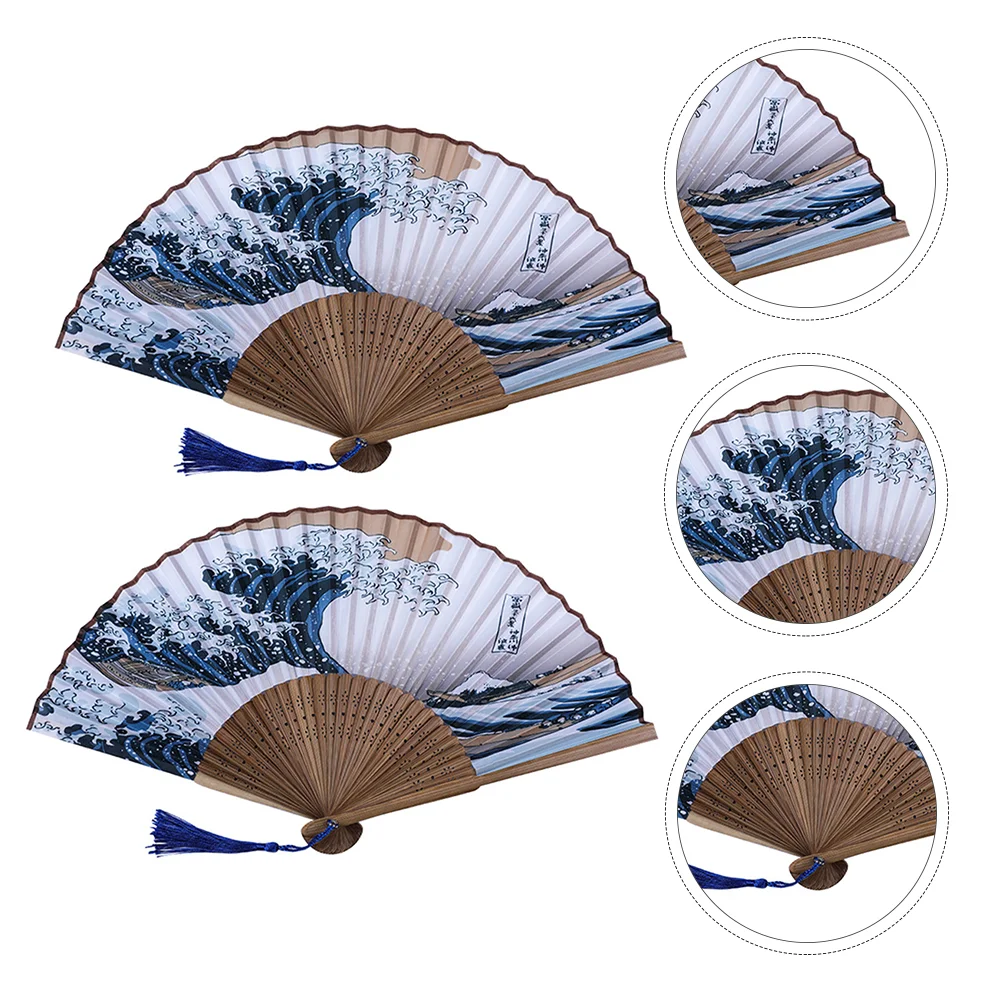 2Pcs Folding Handheld Bamboo Fan Kanagawa Sea Waves Pattern Fan Kid Gift (Blue)