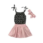 Одежда для новорожденных девочек из 3 предметов детские черные топы в горошек с ремешком + розовая юбка + Розовая Повязка на голову, комплекты одежды