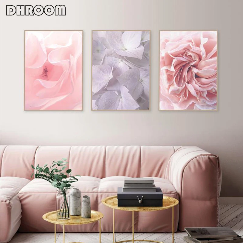 Цветок Плакаты принты Розовые розы и лепестки гортензии Wall Art скандинавский