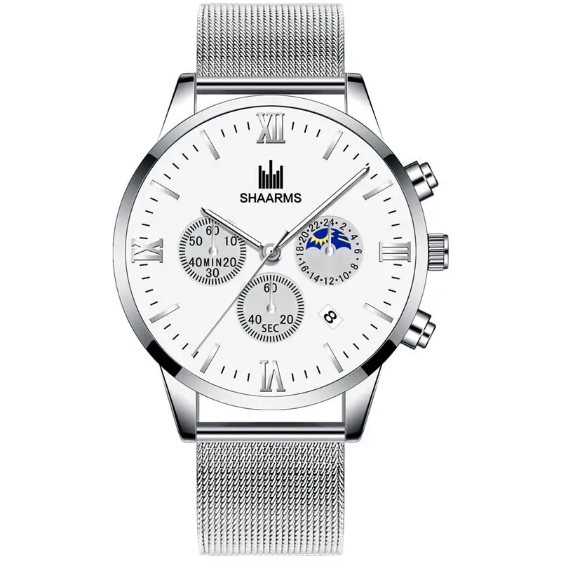 SHAARMS Новое поступление римские цифры часы серебро сетка группа мужские из