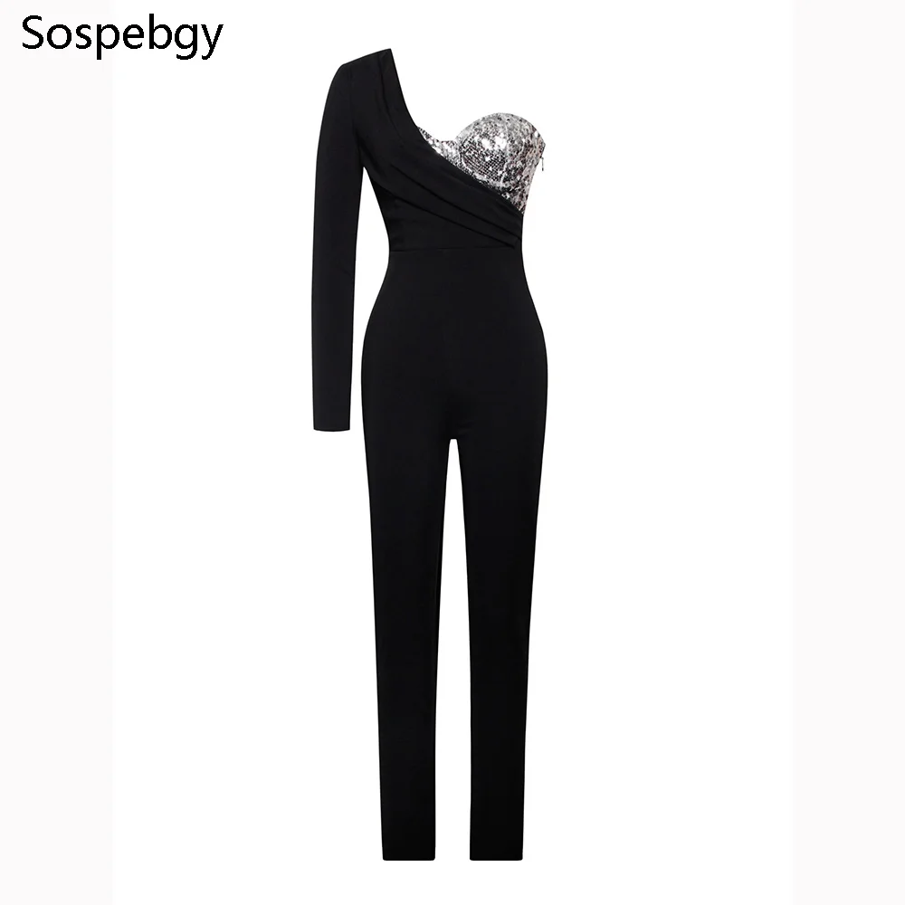 New Winter Sexy Women's Bodycon One-piece Trousers Single-sleeve Stitching Sequins  Celebrity Runway Party Long Jumpsuit