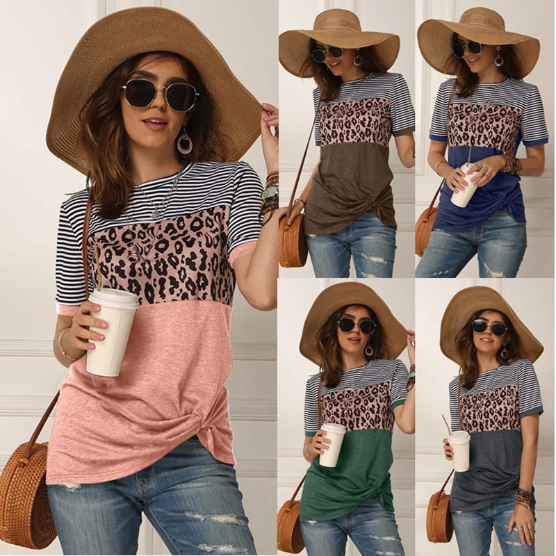 

Top Women's t-shirts summer traf striped stitching leopard round neck pullover top harajuku street casual y2k woman tshirts 136