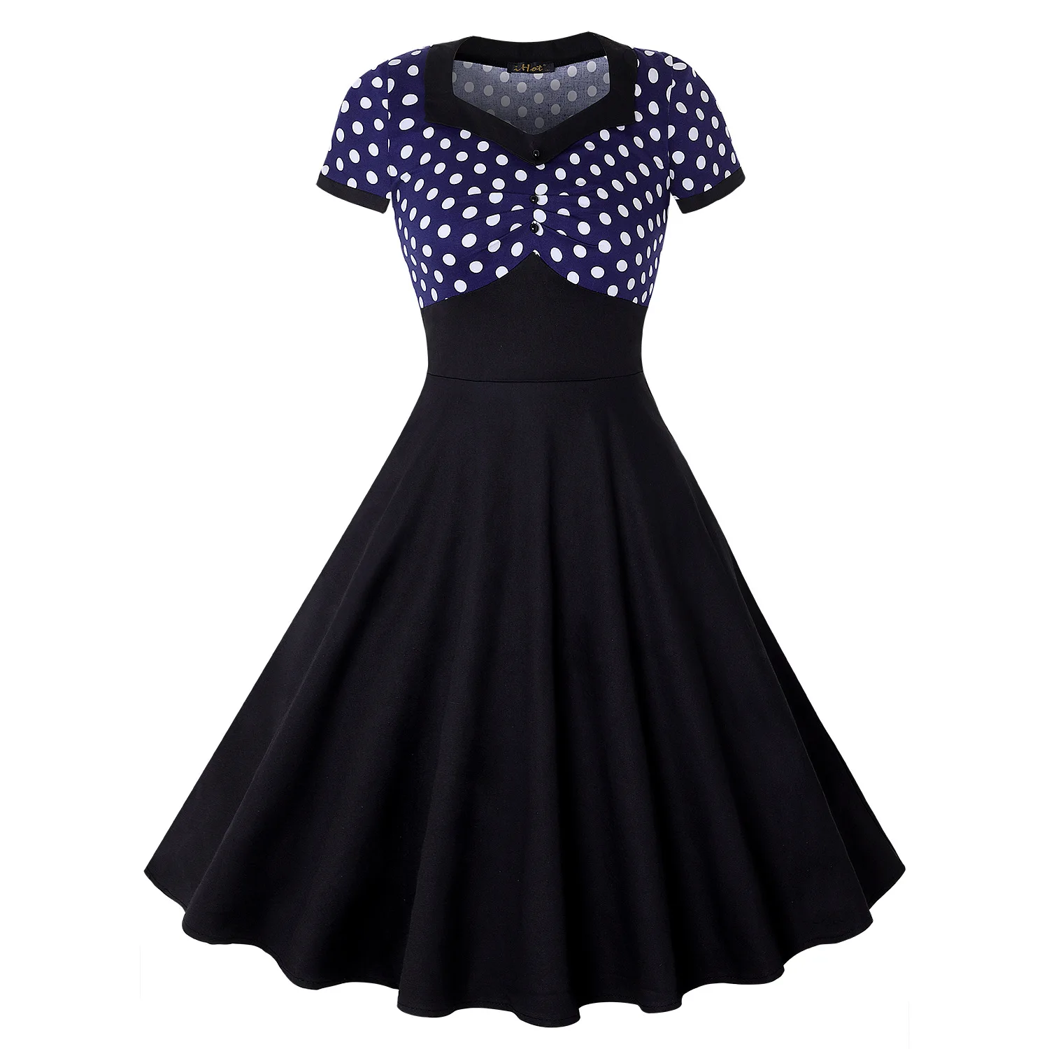 

Mandylandy Dress Women's Casual Polka Dot Slim Fit Patchwork Dress Summer Fashion Short Sleeve V-neck High Waist Vintage Dress