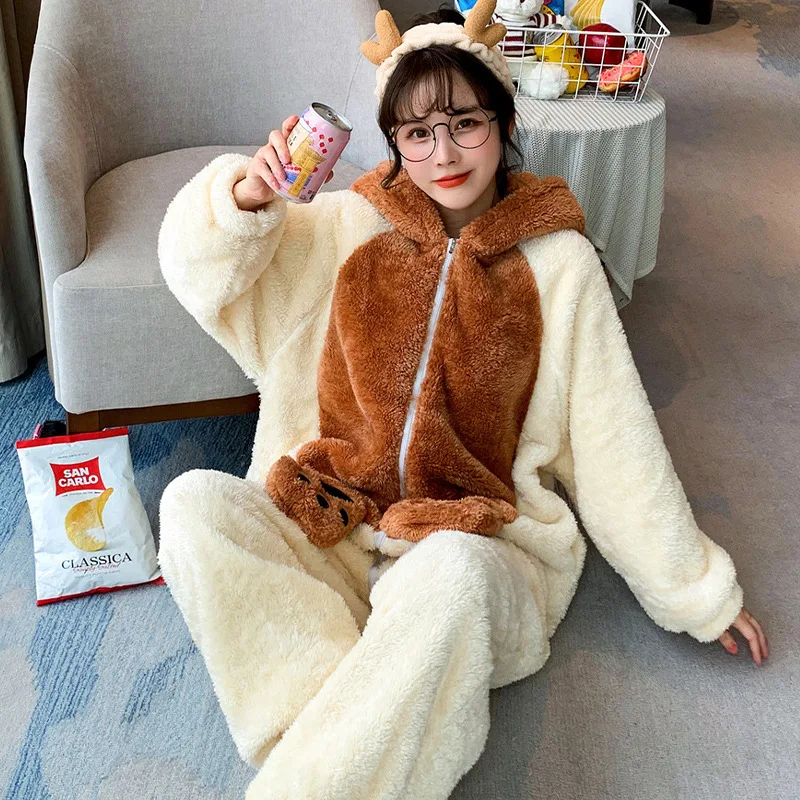 

2021 Adult Hoodie Pajamas Women Winter Thicken Zipper Sleepwear Anime Cartoon Bear Jumpsuit Girl Soft Warm Korean Loose Pyjamas