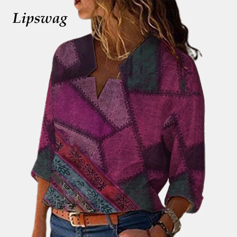 

Vintage Plaid Print Irregular V Neck Women Blouse Autumn Elegant Patchwork Tops Female Fashion Long Sleeve Loose Shirt Blusa 3XL