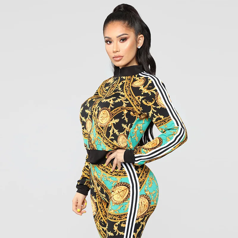 

Printed women outfit sports suit two piece sets fashion casual sweat pants set for women cropped female zipper full Length