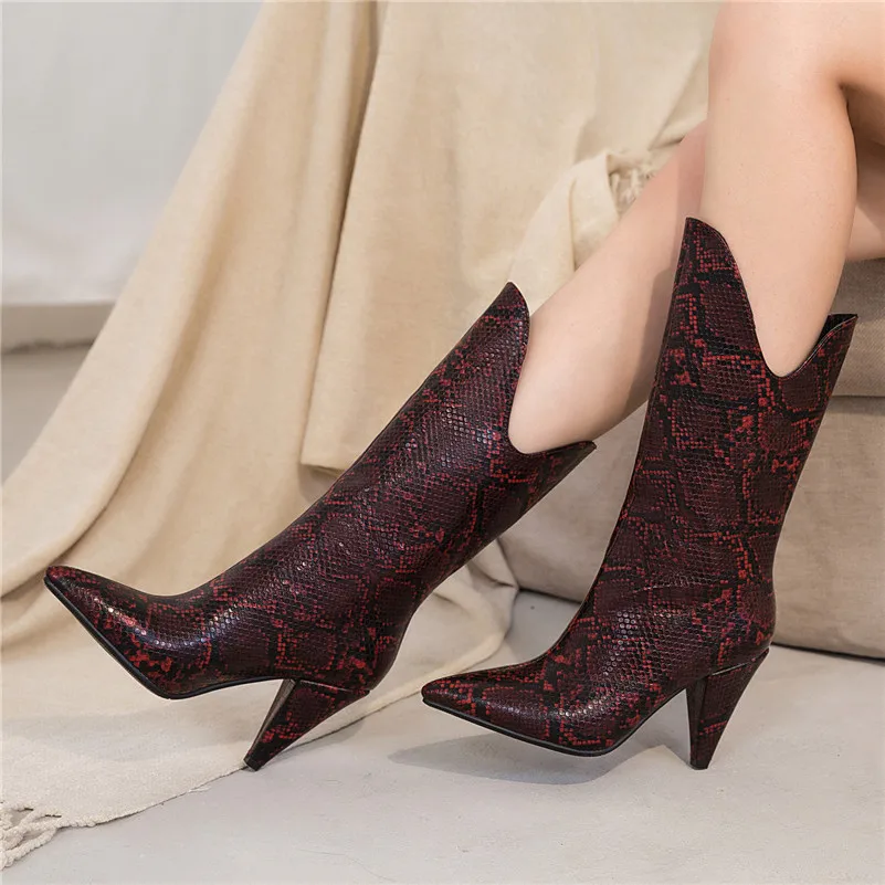 

ANNYMOLI Women Boots Winter Mid Calf Boots Snake Print Spike Heel Boots Slip on Extreme High Heel Shoes Female Fall Plus Size 43