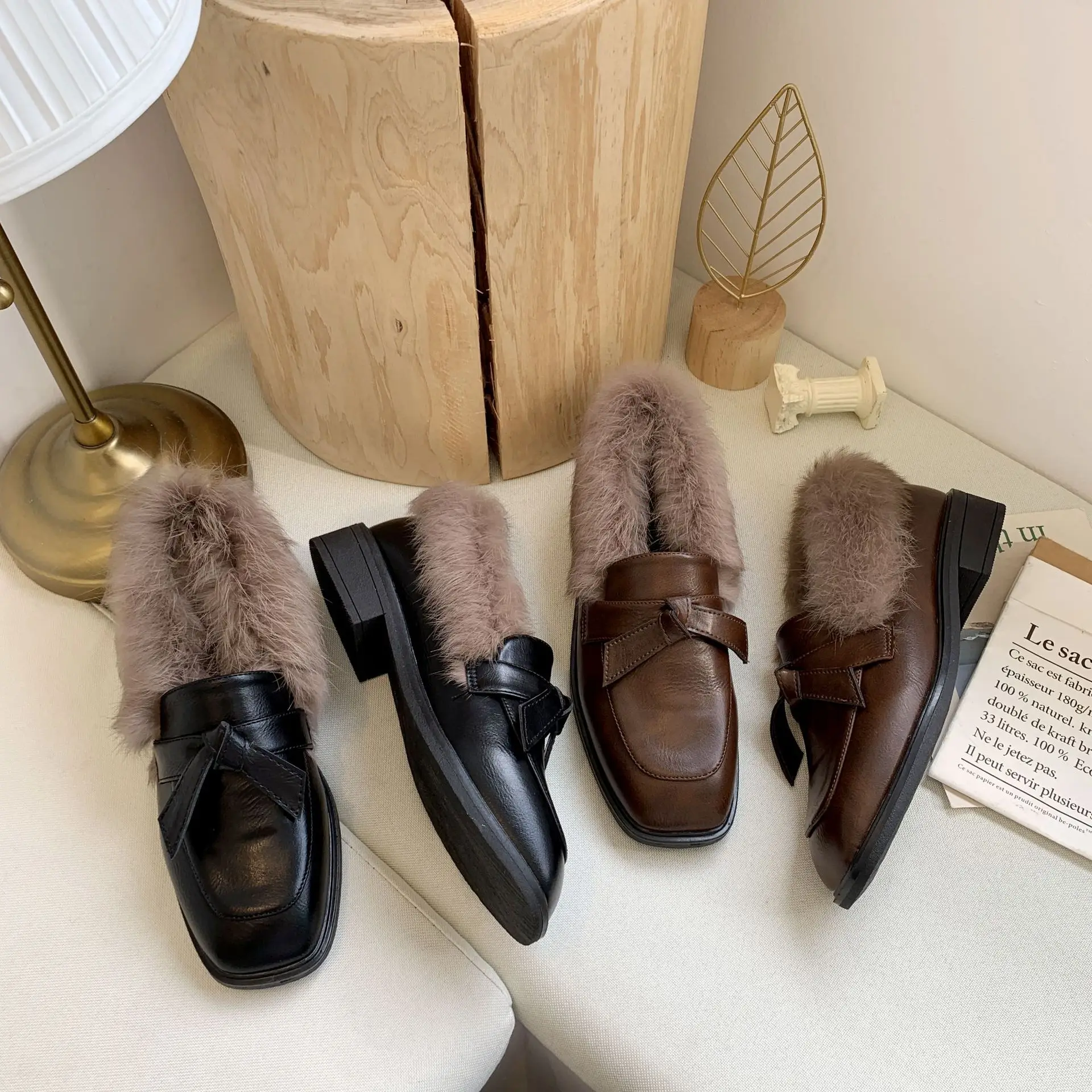 Женские мокасины с квадратным носком однотонные плюшевые меховые Мокасины