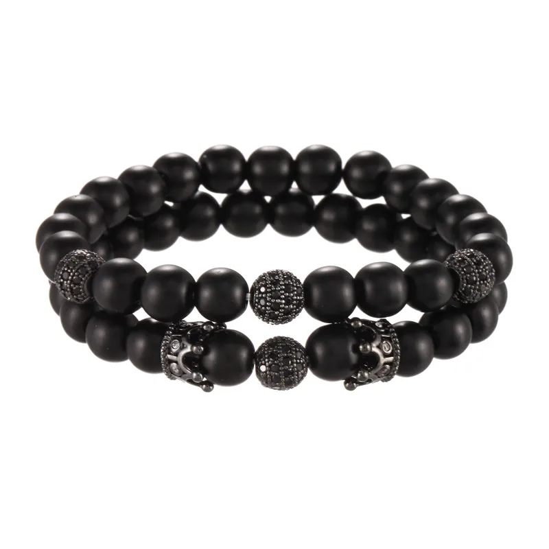 Черный матовый браслет из оксин-камня с бусинами CZ Аксессуары в виде короны и