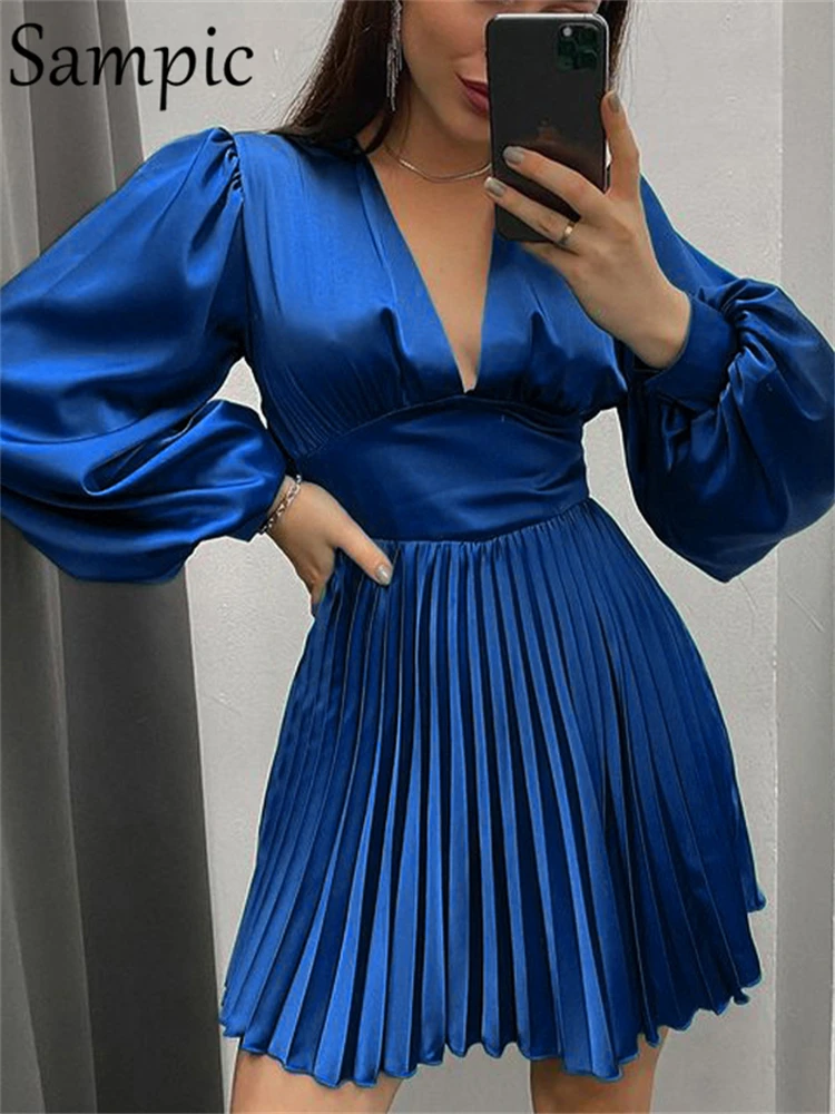 

Платье женское атласное Плиссированное с V-образным вырезом и длинным рукавом-фонариком