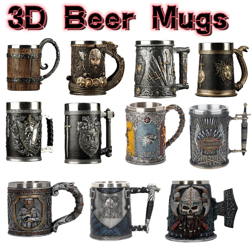 Tazas de cerveza 3D, vasos de café góticos, cáliz de Trono de Hierro, jarra de resina de acero inoxidable, copa de vino de 600ML, regalo del Día del Padre con calavera