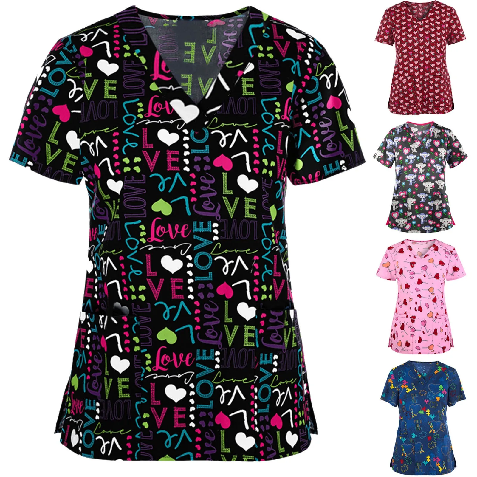 

Fashion Nursing Scrubs Tops Cute Cartoon Tshirt Short Sleeve V-Neck Tops Working Uniform T-Shirts Patchwork Medicaled Uniform