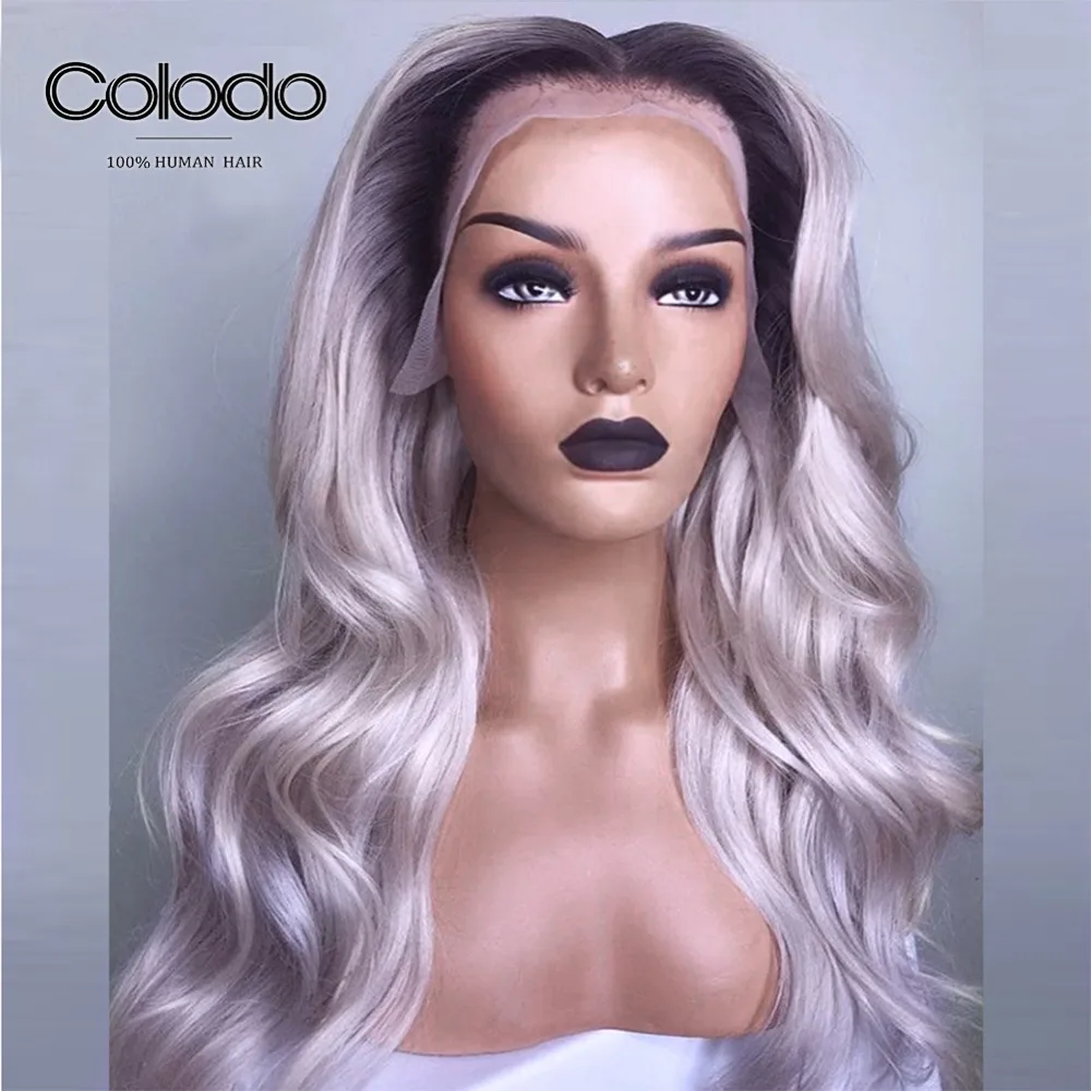 COLODO 1b Roots Grey Ombre Human Hair Wig Remy Brazilian Body Wave Pre Plucked Lace Front Wigs for Black Women | Шиньоны и парики