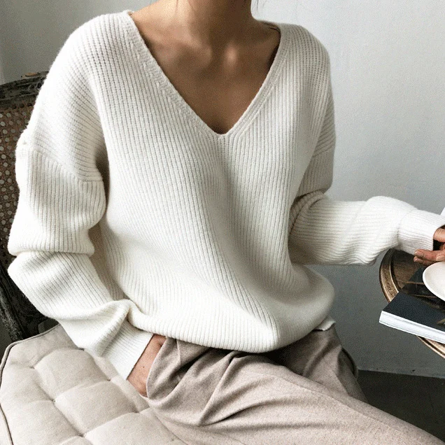 Autumn Knitted V-Neck Women's Sweater Pullover Irregular Long Sleeve Sweaters Women 2020 Winter Loose Jumper DA194 | Женская одежда