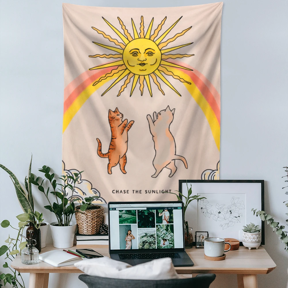 Настенный гобелен в виде милого кота и солнца гобелены с радужным солнечным