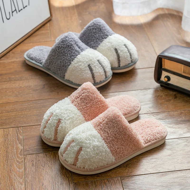 Winter House Cotton Slippers Warm Fur Shoes Comfortable Cute Lovely Cartoon Cat Indoor Bedroom Women Men Lovers Furry Slides
