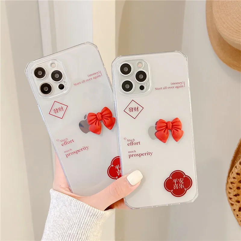 

Chinese Aesthetic text letter 3D bow Phone Case For iPhone 11 12 13 Pro Max Xr Xs Max 7 8 Plus case Clear Soft TPU Back Cover