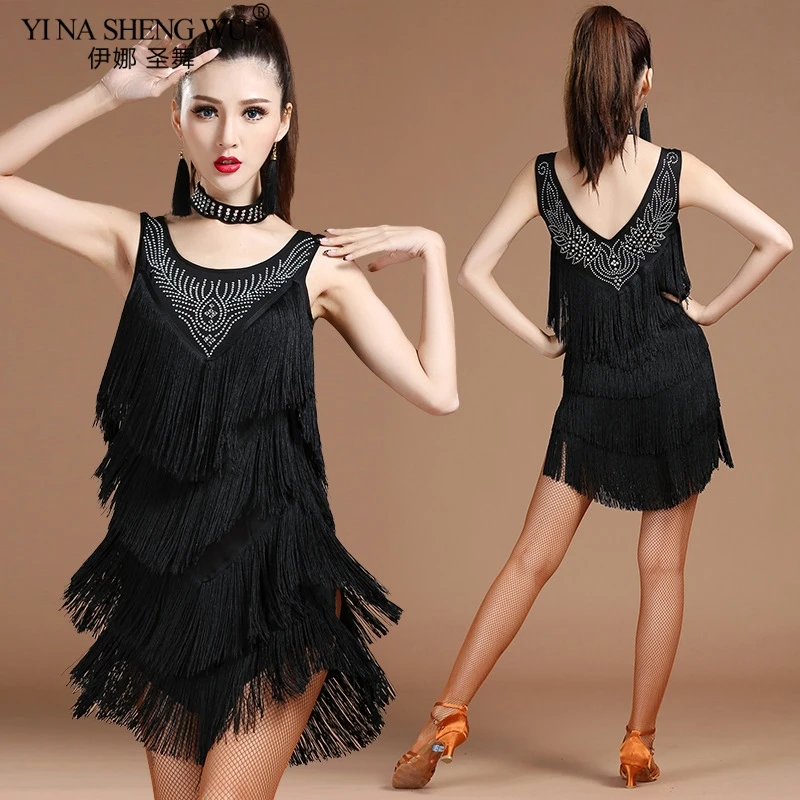 

Top Grade Women Dance Clothes Tutu Salsa Costume Samba Dress V-neck Fringes Dress Beaded Latin Dresses With Cheat pad+Shorts New