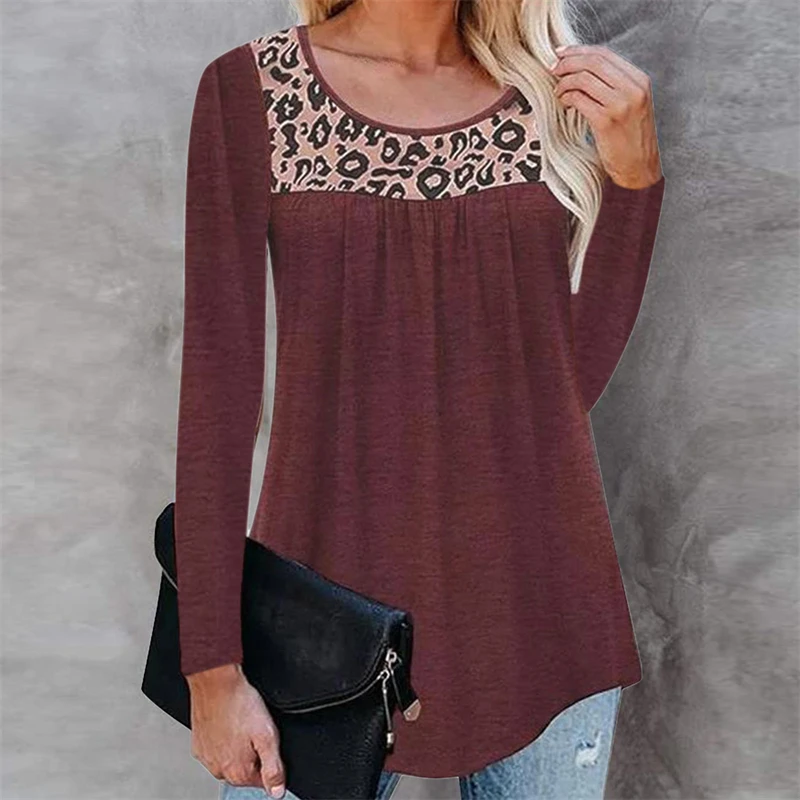 

Women Color Contrast Casual T-Shirt With Leopard Print Long Sleeves Loose Pullover Fashion Casual Top Fashion Round Neck