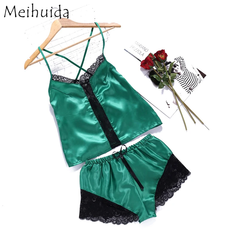 Женский пикантный Шелковый короткий пижамный комплект из 2 предметов однотонная