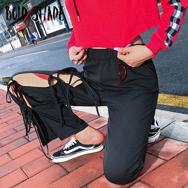

Bold Shade 90s Fashion Grunge Streetwear Baggy Pants Tie Up Split Gothic Indie Clothes Aesthetic Solid Black Long Trousers 2021