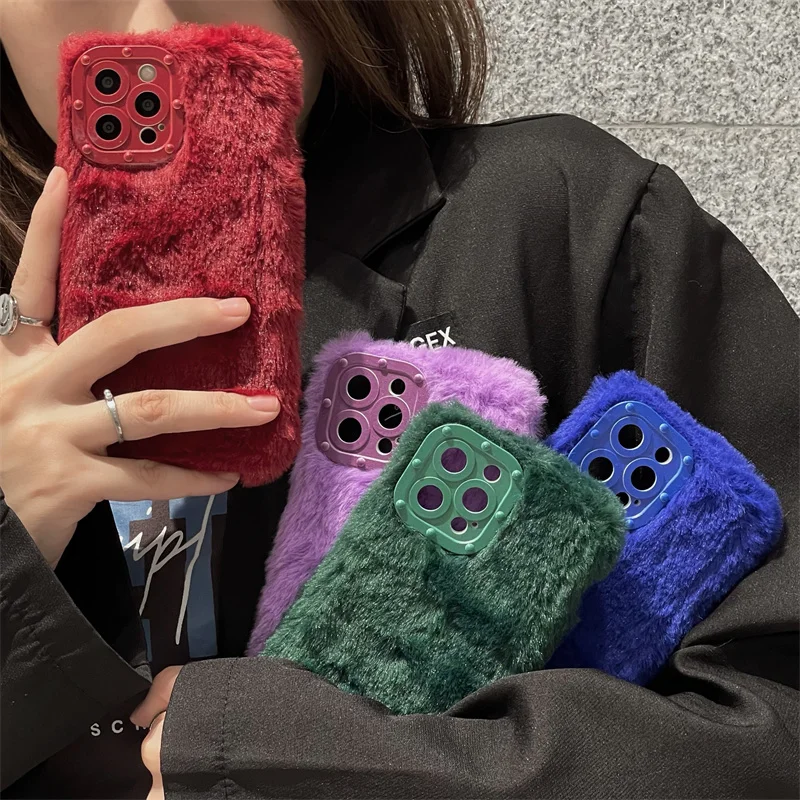 

Korean Simple Solid Color Fuzzy Plush Phone Case For iPhone 11 12 13 Pro XS Max X XR 7 8 Plus Winter Soft Shockproof Back Cover
