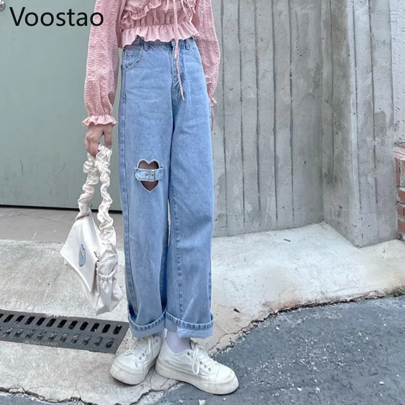 Милые синие джинсовые брюки с высокой талией женские шикарные широкие вырезами