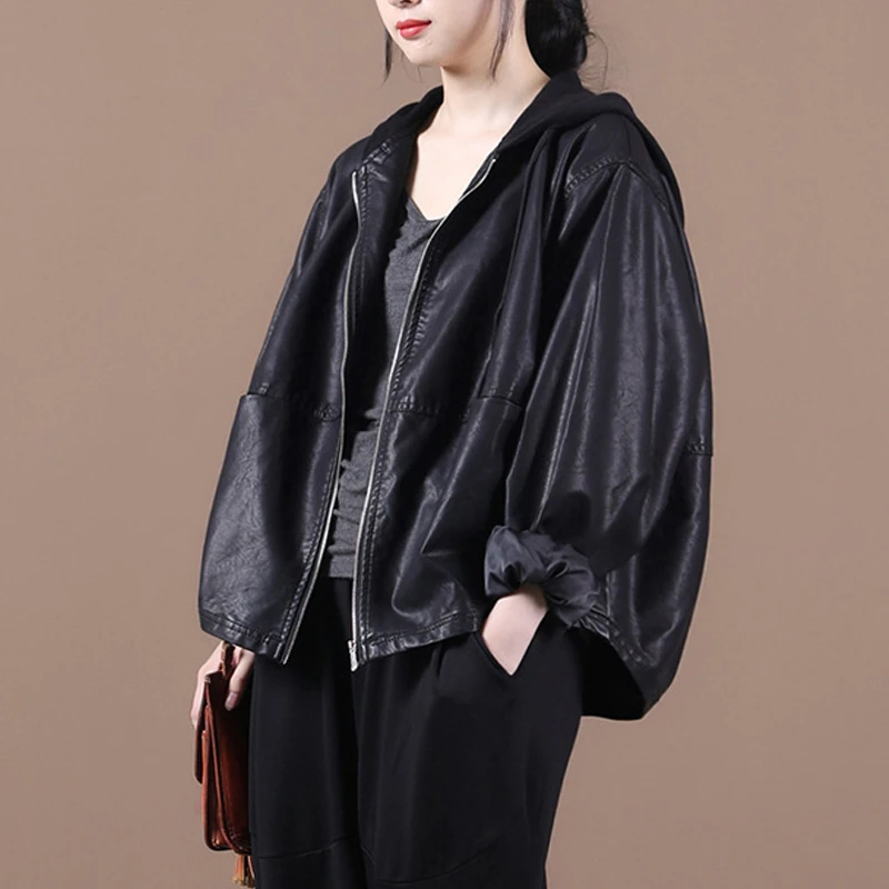 Punk Loose Short PU Coat Autumn European Women's Black Fake Leather Clip Female Bulk Motorcycle Coat With Zipper Fashion Outwear
