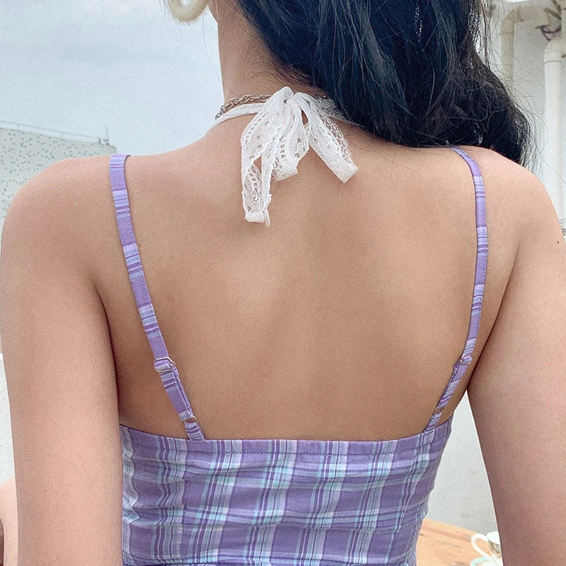 

Women's New Style Plaid Sling V-Neck Lace Halter Slim-Fit Hip Dress Purple