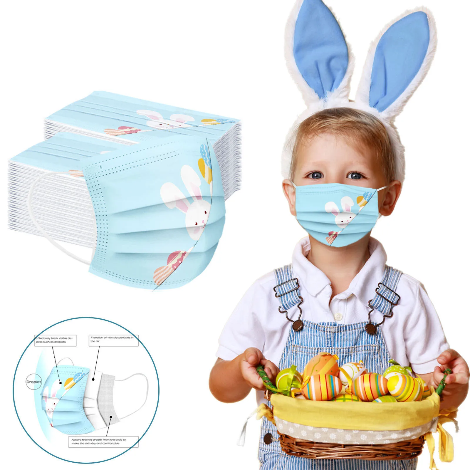 

100pcs Easter Mask Children Printing Breathable Disposable Positioning Three-layer Easter Bunny Cute Cartoon Print Mouth Mask R4