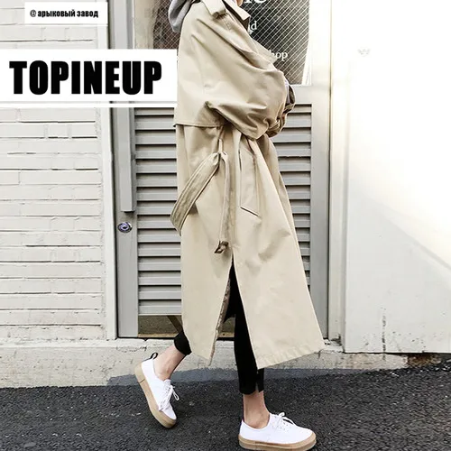 Korean Style Side Split Women's Trench Coat Autumn Winter Double Breasted Khaki Sahses Loose Trench Overcoat Windbreaker