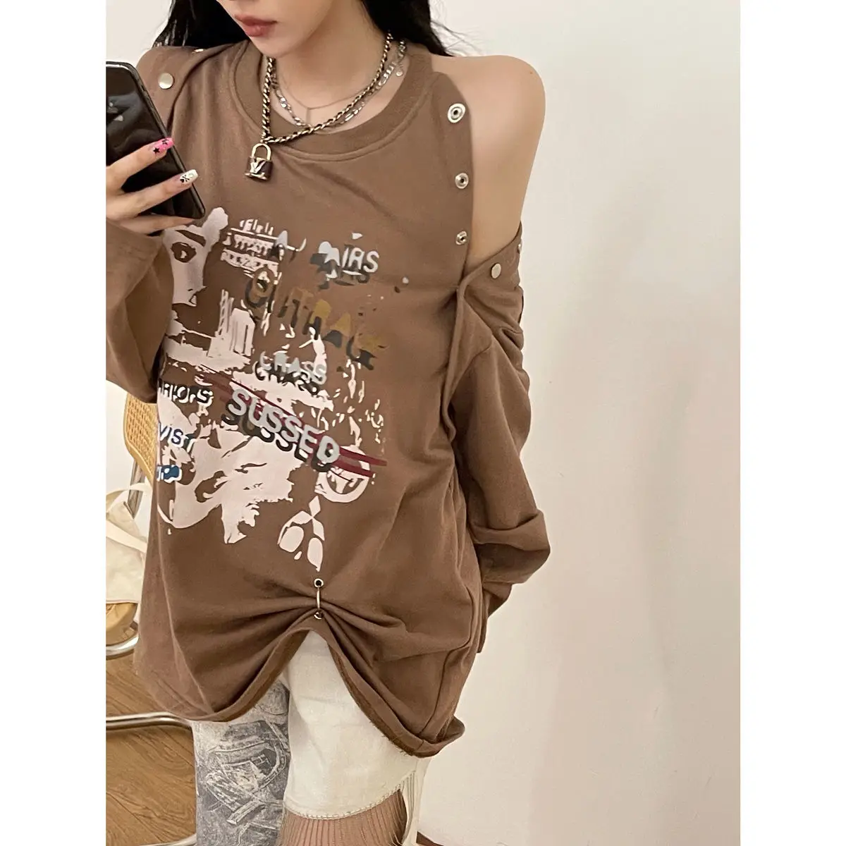 

Aesthetic Top Off Shoulder Button Long Sleeve Punk Hoodies Women Thin Casual Y2k O-neck Sweatshirt 2022 Girls Printed t shirt