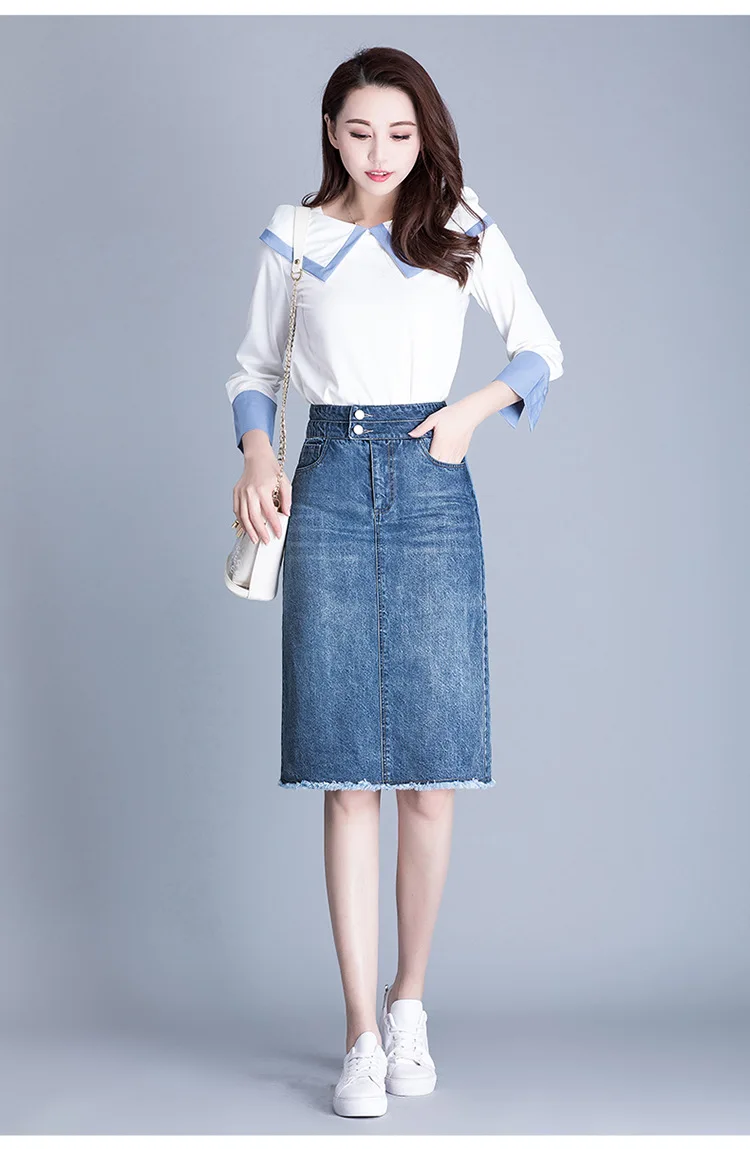 

Denim Skirt Women Fashion Slim Casual High Waisted Straight Knee-length Jean Skirts Office Lady Elegant Korean Plus Size 9203