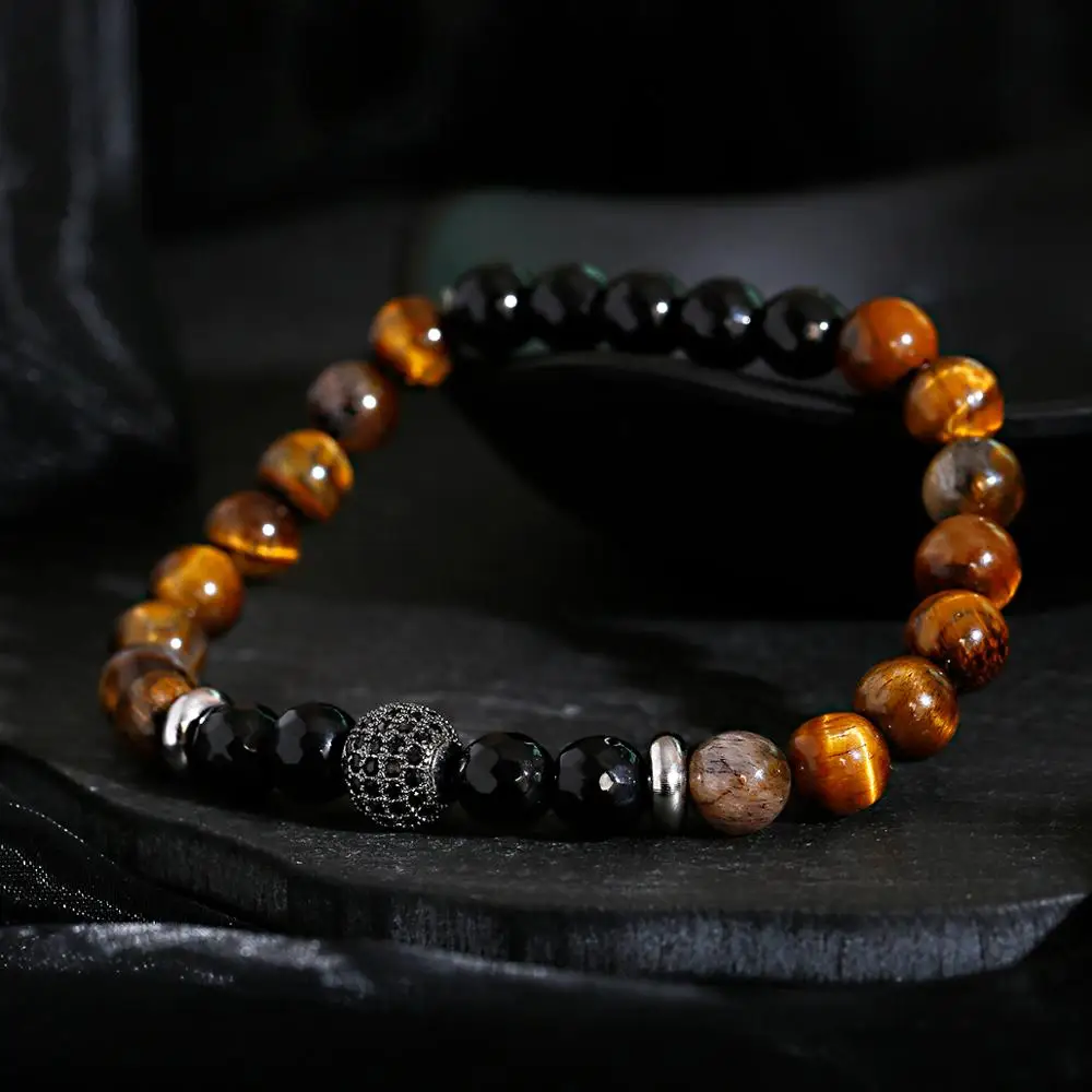 

Natural Stone 8mm Tiger Eye Crown Bracelets & Bangles Yoga Balance Bead Helmet Cross Elastic Diy Bracelet Men Pulseira Masculina